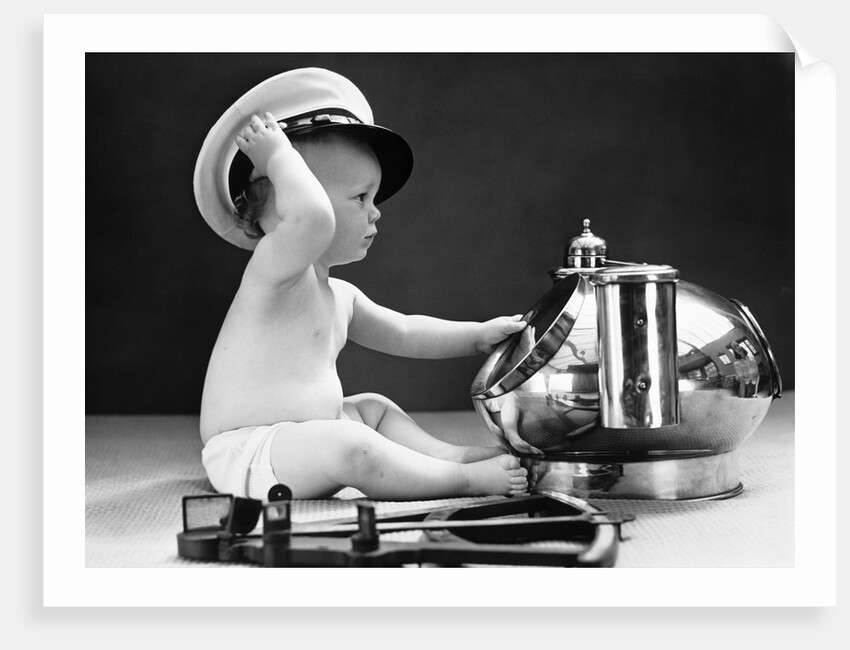 1940s Baby In Diaper With Ship Captain Hat Sextant And Nautical Compass by Anonymous