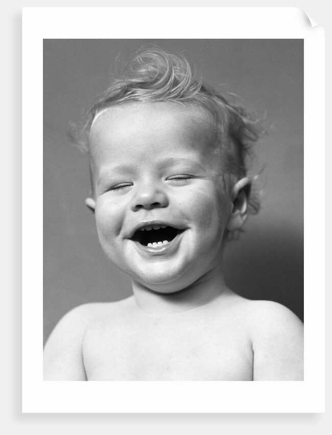1940s Portrait Baby With Messy Hair Laughing With Eyes Closed by Anonymous