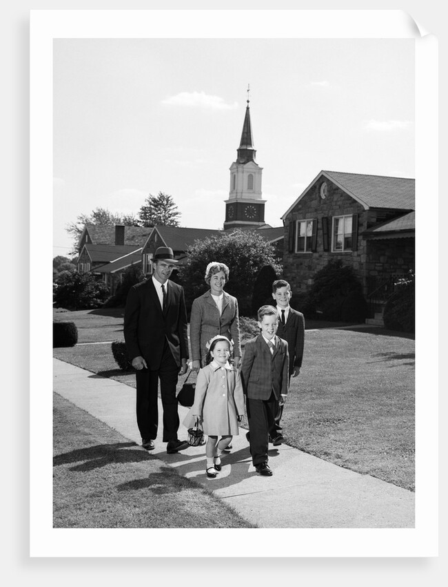 1960s Family Walking From Church On Suburban Sidewalk by Anonymous