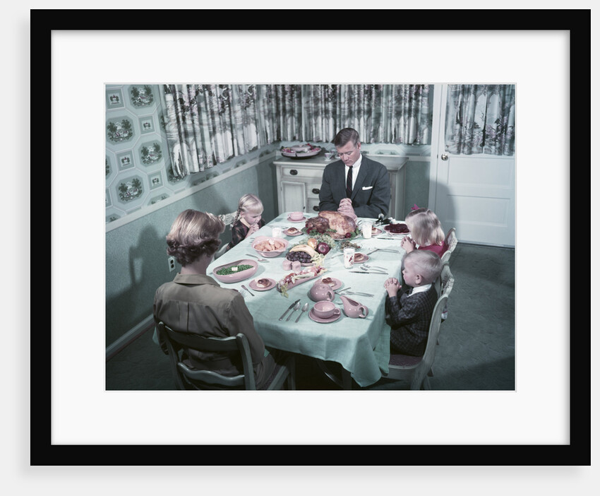 1950s Family Of 5 Saying Grace Before Thanksgiving Turkey Dinner Mother Father 3 Children by Anonymous