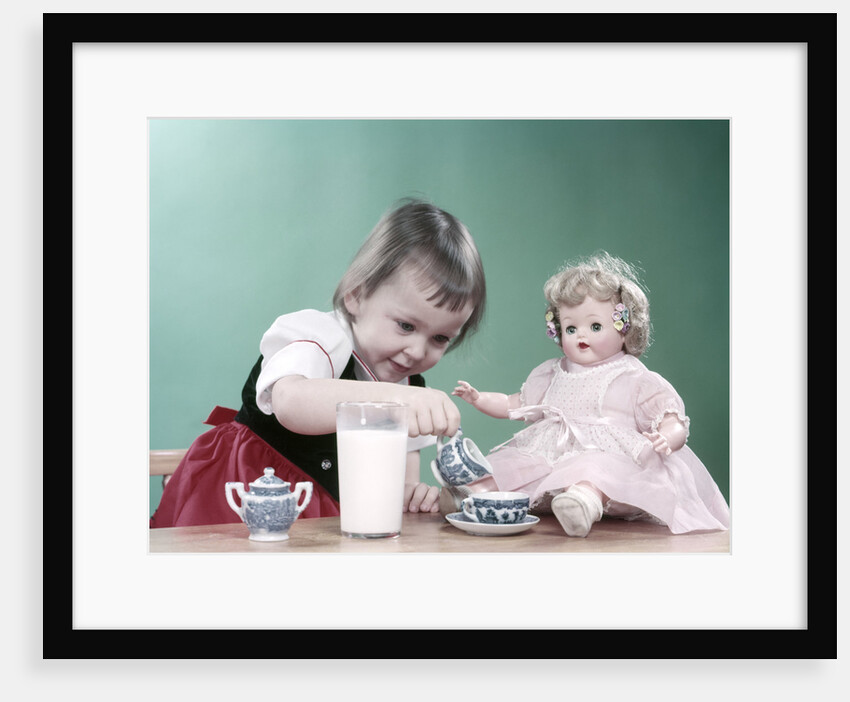 1950s Little Girl And Baby Doll Having Tea Party by Anonymous
