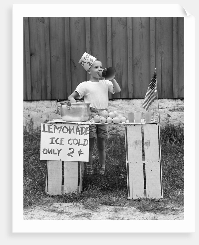 1930s 1940s Boy At Lemonade Stand Shouting Into Megaphone by Anonymous