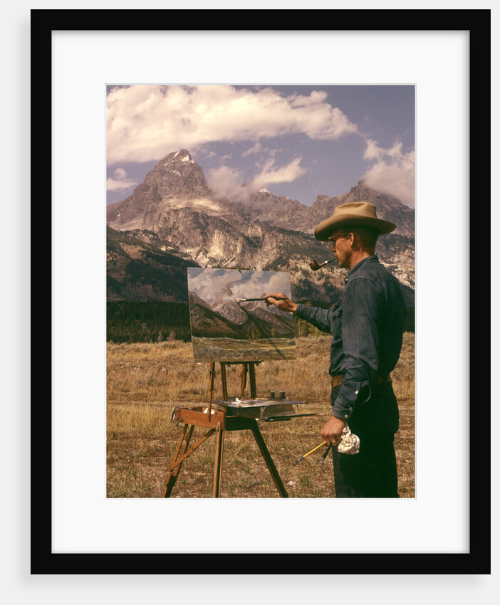 1950s 1960s Man Artist Smoking Pipe Painting Mountain Landscape Grand Tetons Wyoming by Anonymous