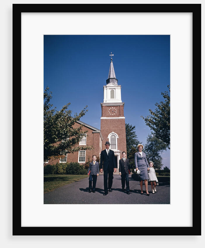 1960s Family Walking From Red Brick Church by Anonymous