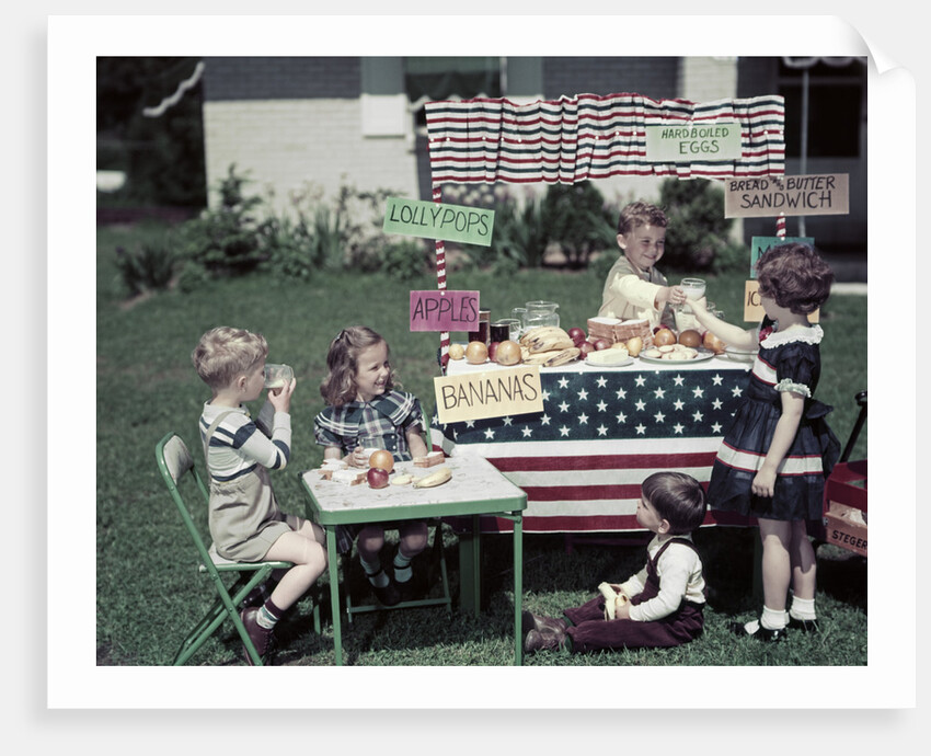 1950s Girls And Boys In Business With A Lemonade And Snack Food Stand On The 4th Of July by Anonymous