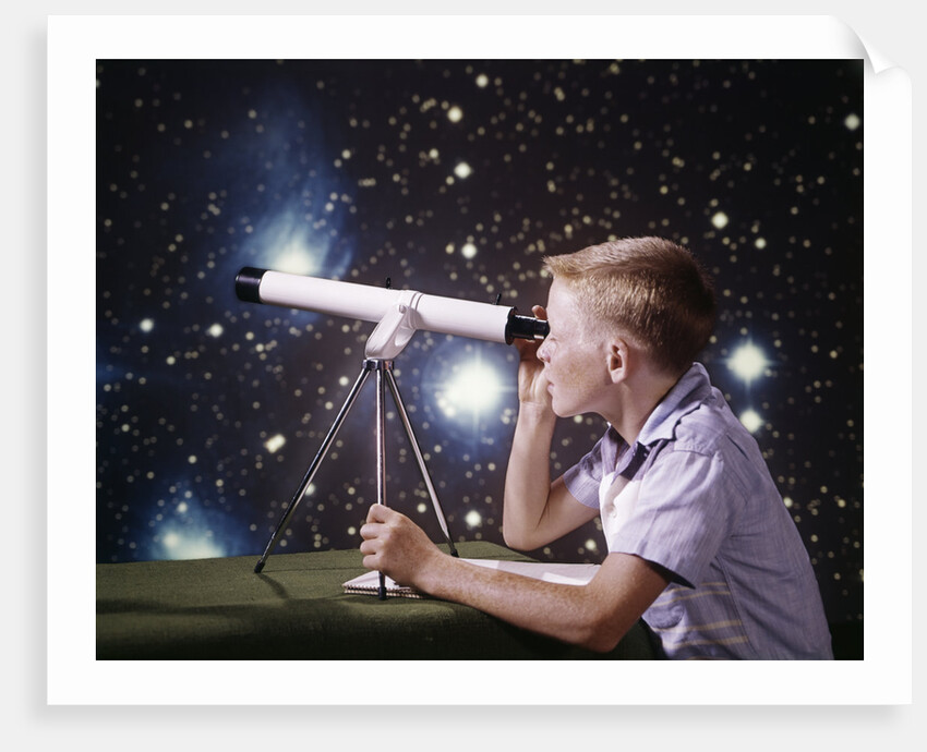 1960s Composite Boy With Telescope On Table Looking At Night Sky With Stars Galaxy Nebula by Anonymous