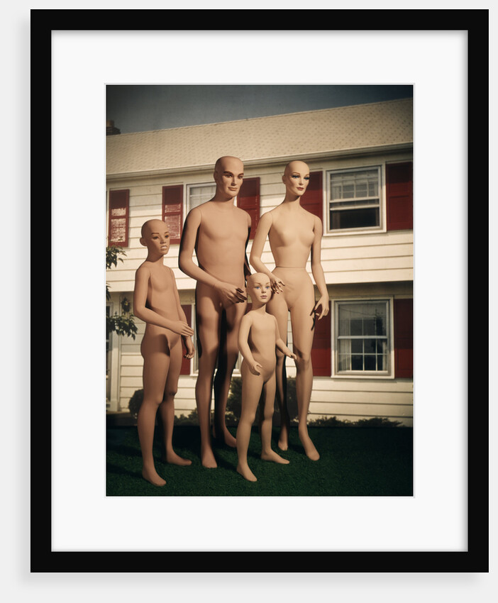 1970s Mannequin Family Mother Father Two Children In Front Of Suburban House Outdoor by Anonymous