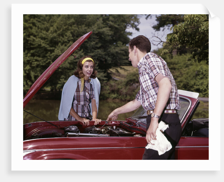 1960s Couple By Car With Hood Up Looking At Motor Outdoor Problem Breakdown by Anonymous