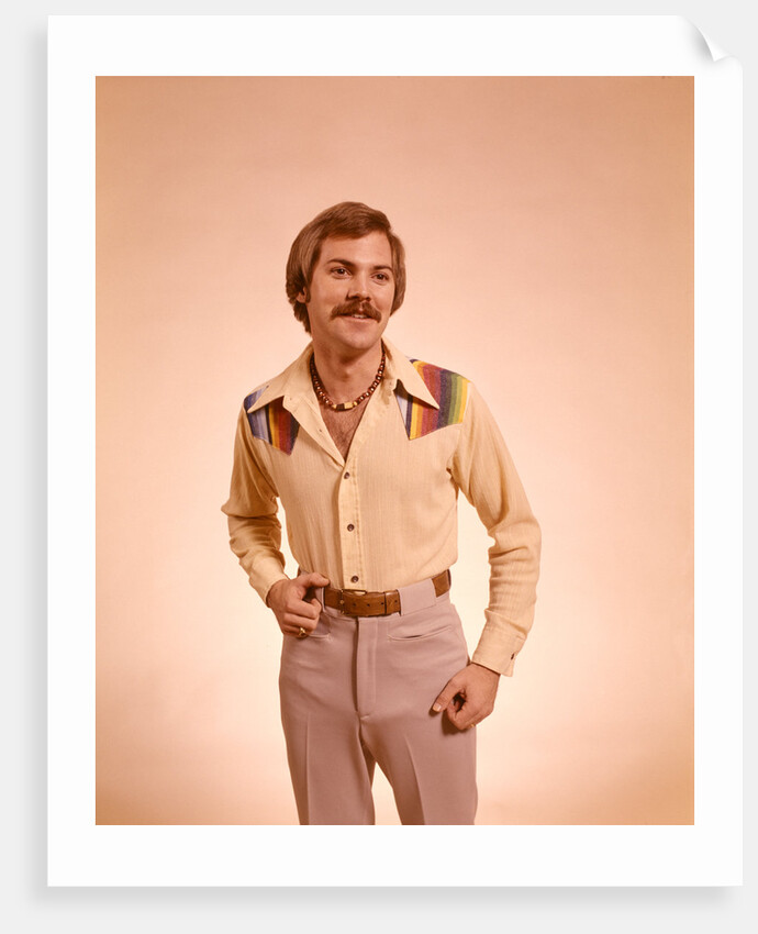 1970s Fashion Style Young Man Portrait Mustache Necklace Casual Clothes Shirt Pants by Anonymous