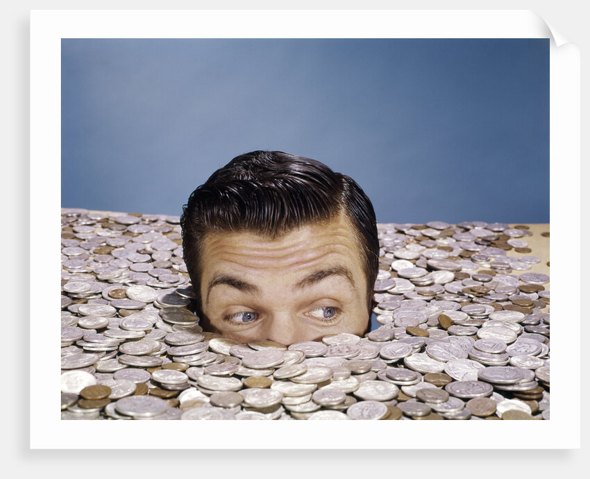 1960s Top Of Head And Eyes Of Man Looking Out From Pile Of Coins Studio Symbolic Currency by Anonymous