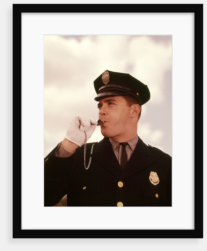 1960s Portrait Man Policeman Traffic Cop Blowing Whistle by Anonymous