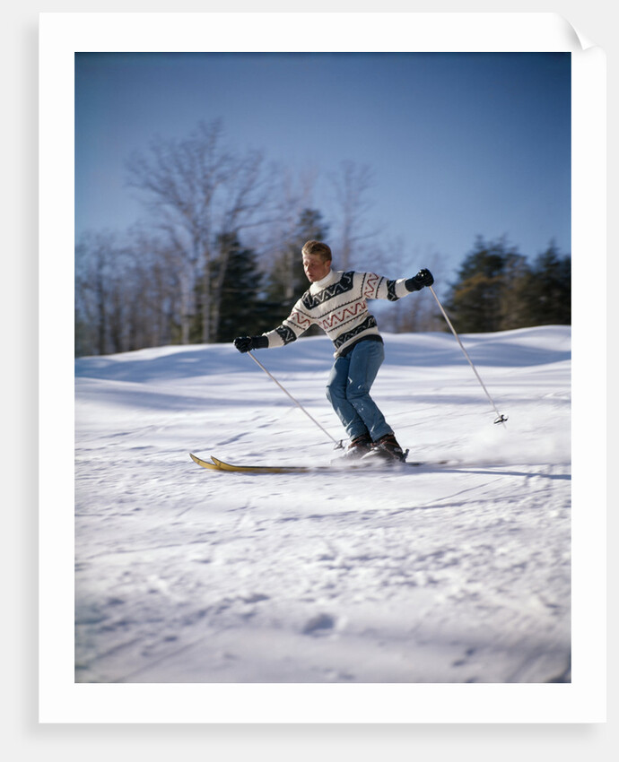 1970s Man In Scandinavian Sweater Downhill Skiing by Anonymous