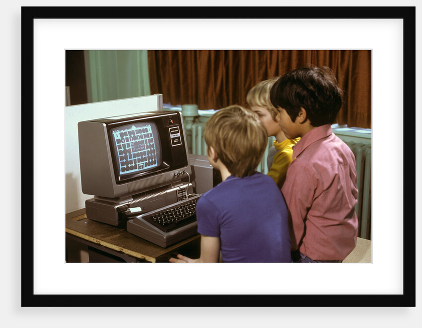 1980s 3 Elementary School Boys Operating Early Radio Shack Trs80 Computer Playing Game by Anonymous