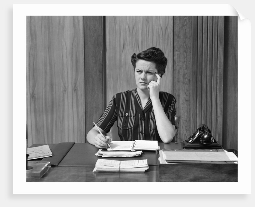 1940s Worried Woman Businesswoman Executive At Desk Thinking by Anonymous
