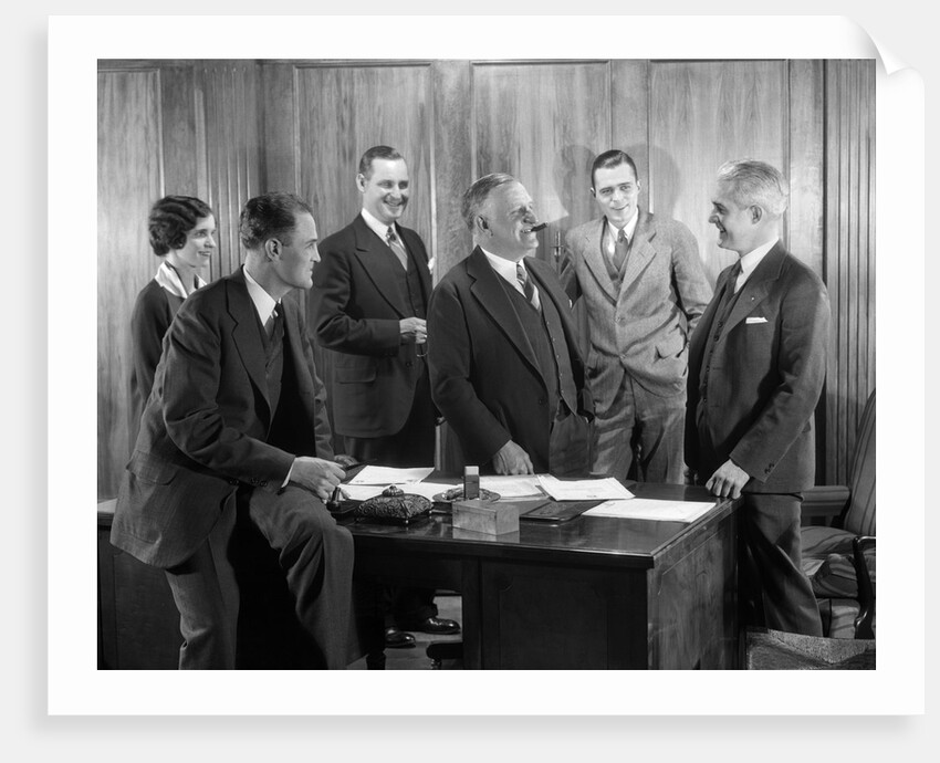 1930s Office Group Four Men One Woman Boss Smoking Cigar Talking Meeting Fifth Man by Anonymous