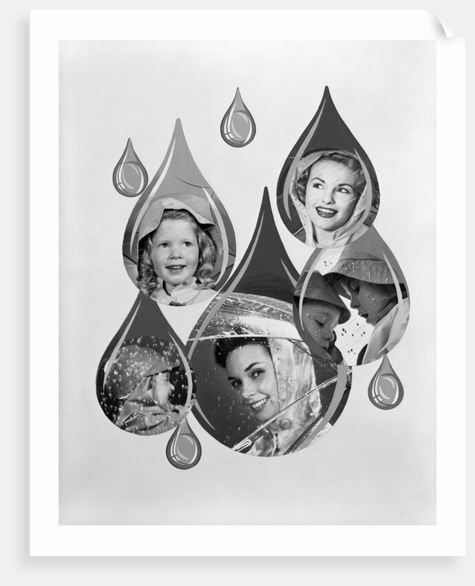 1950s 1960s Rain Motif Montage With Faces In Rain Gear Superimposed Inside Raindrops by Anonymous