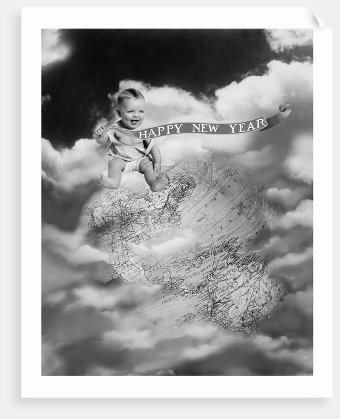 1930s Montage Baby Sitting On Top Of The World Earth Globe In Clouds Holding Happy New Year Banner by Anonymous