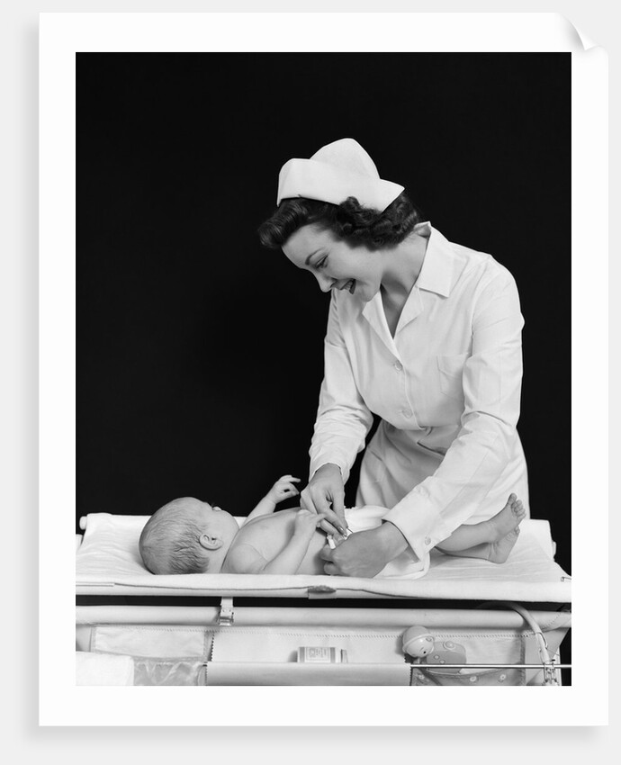 1940s Woman Nurse Changing Baby Diaper In Nursery by Anonymous