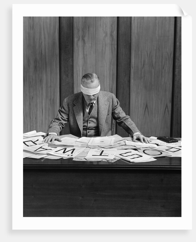 1940s Blindfolded Man In Office Post War Sign On Desk by Anonymous
