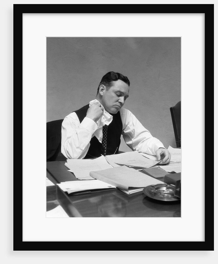1930s Man At Desk In Office Wiping Neck With Handkerchief by Anonymous