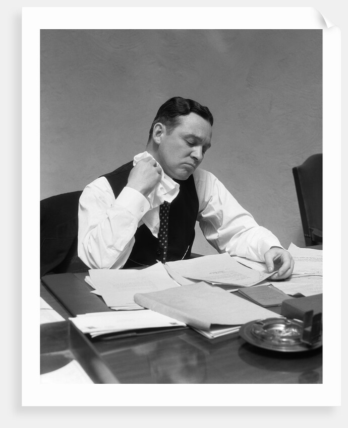1930s Man At Desk In Office Wiping Neck With Handkerchief by Anonymous