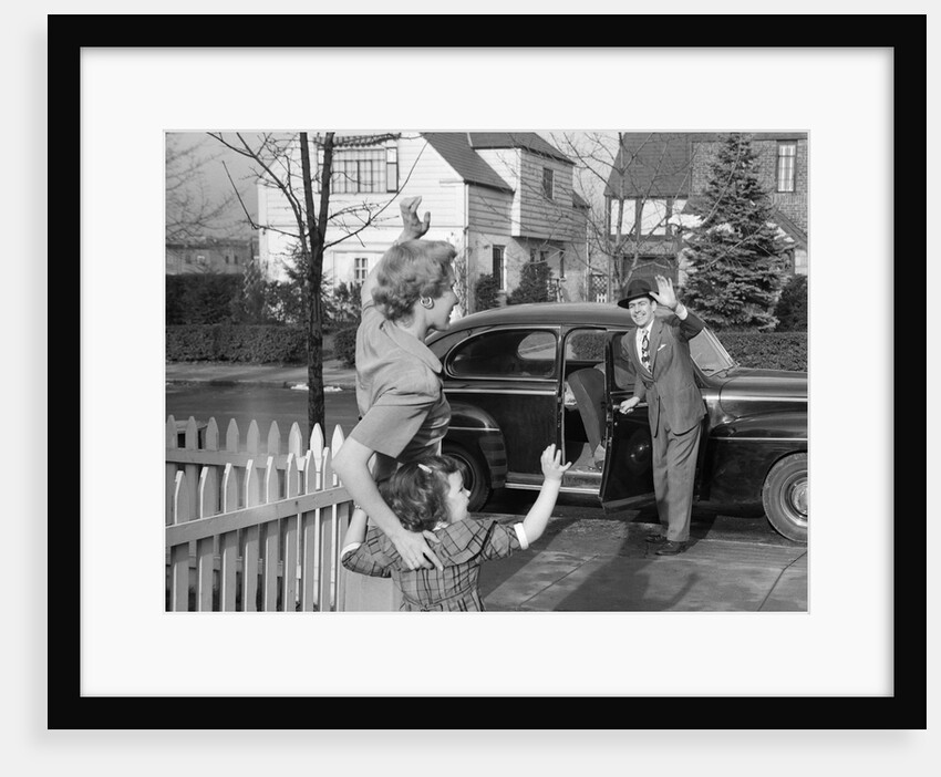 1950s Mother And Daughter Waving To Father Opening Automobile Door In Front Of Suburban Home by Anonymous