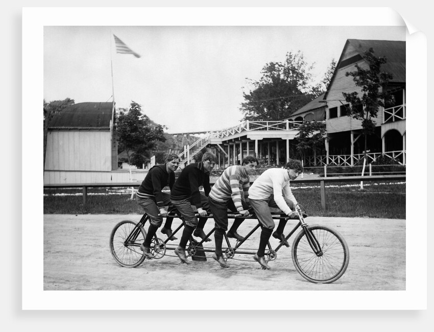 1890s 1900s 4 Men Riding Racing Quadricycle Four Seat Bicycle by Anonymous