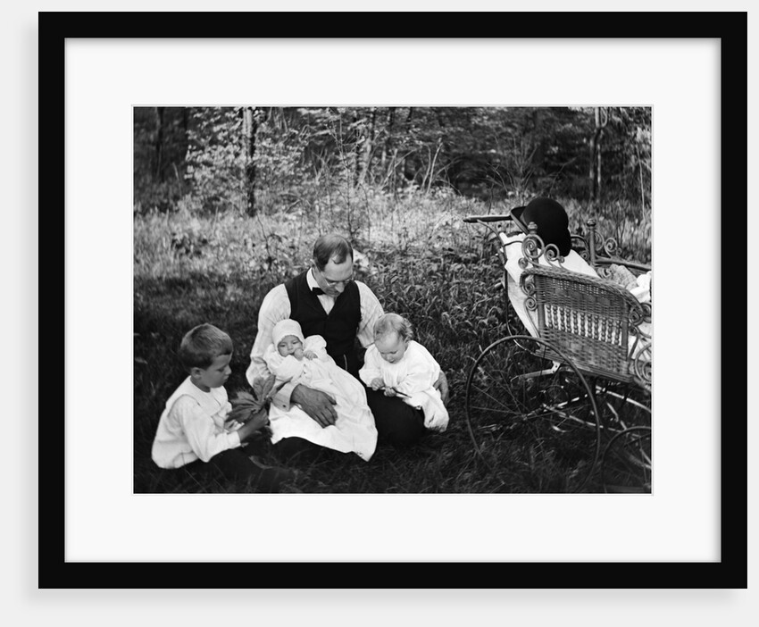 1890s 1900s Father Sitting In Woods With Three Children Baby Carriage Off To Side by Anonymous