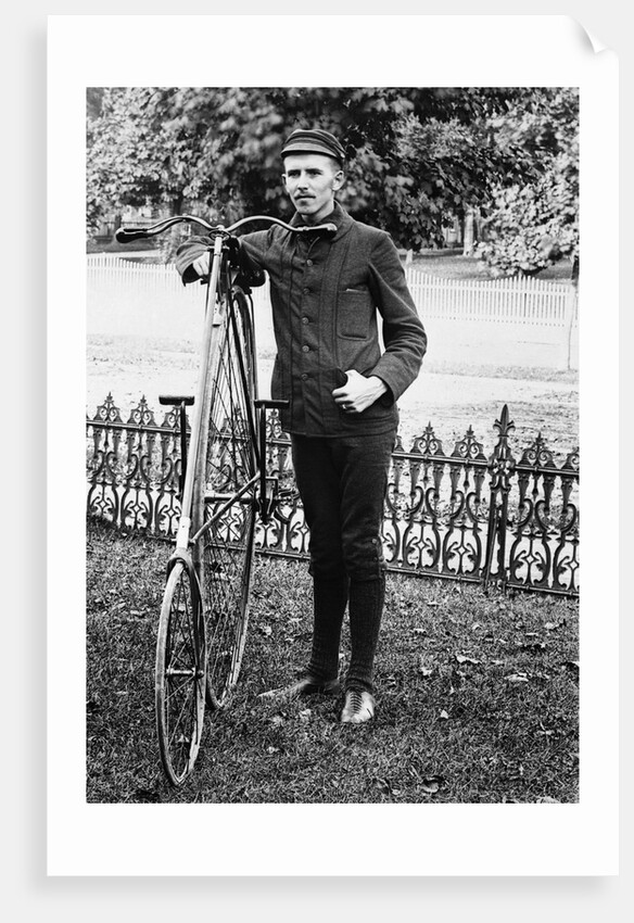 1880s 1890s Man Called Wheelman Next To High Wheel Ratchet Drive Bicycle by Anonymous