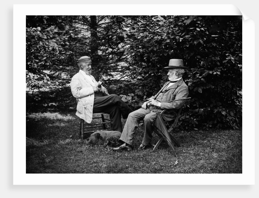 1900 Two Men Sitting Outside In Chairs Among Trees Smoking Cigars Talking Dog Laying At Their Feet by Anonymous