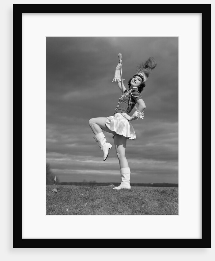 1940s Woman Drum Major In Majorette Band Uniform Twirling Baton by Anonymous
