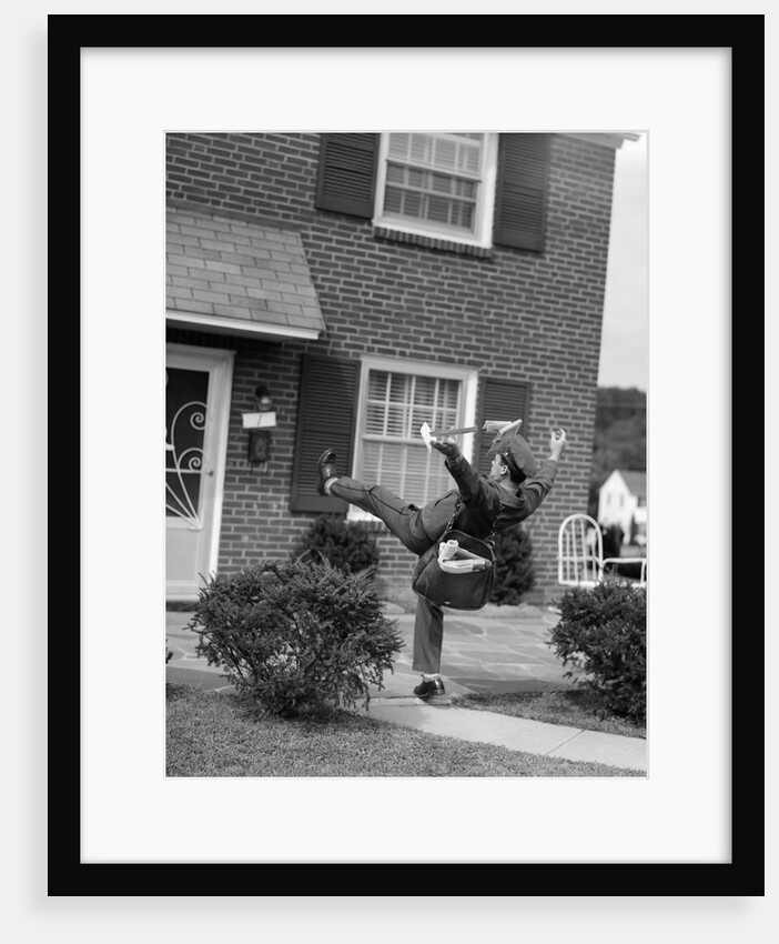 1950s Man Mailman Tripping Falling In Front Of A Suburban Brick House Accident by Anonymous