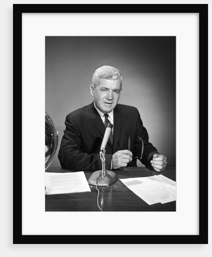 1960s Man Announcer Newscaster Talking At Microphone Indoor Studio Symbolic Freedom Of Speech by Anonymous