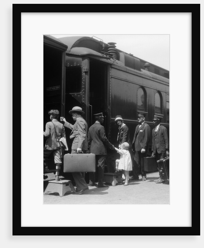 1920s Family Boarding Passenger Train Assisted By Trainman And Porters Carrying Luggage Outdoor by Anonymous