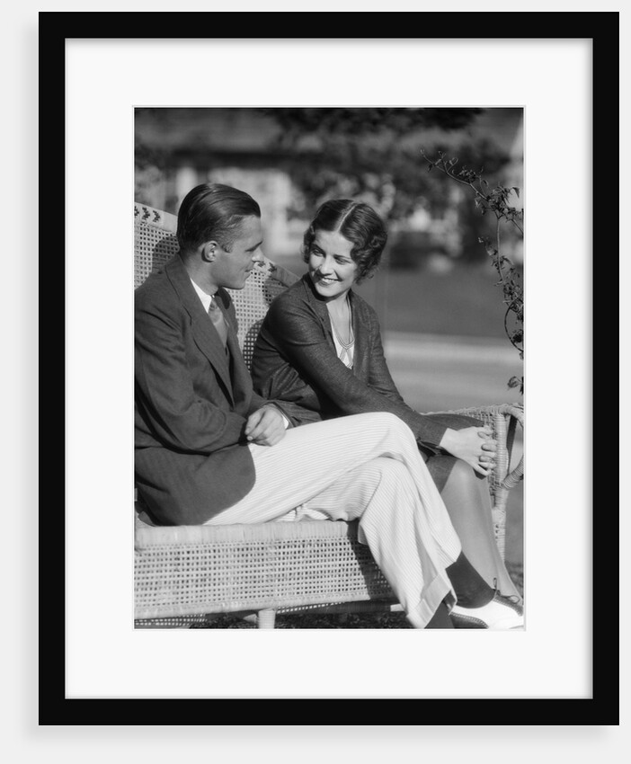 1930s Couple Sitting Together On Wicker Bench Husband Wife Outdoor by Anonymous