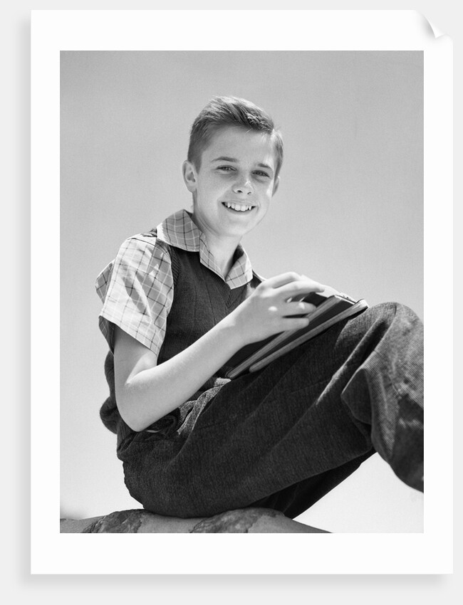 1930s 1940s Teenage Boy Sitting Holding School Notebooks by Anonymous