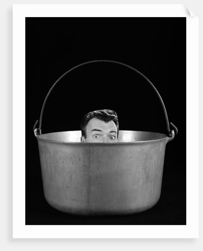 1950s 1960s Symbolic Montage Portrait Man In The Soup Looking Wide Eyed From Inside The Kettle by Anonymous