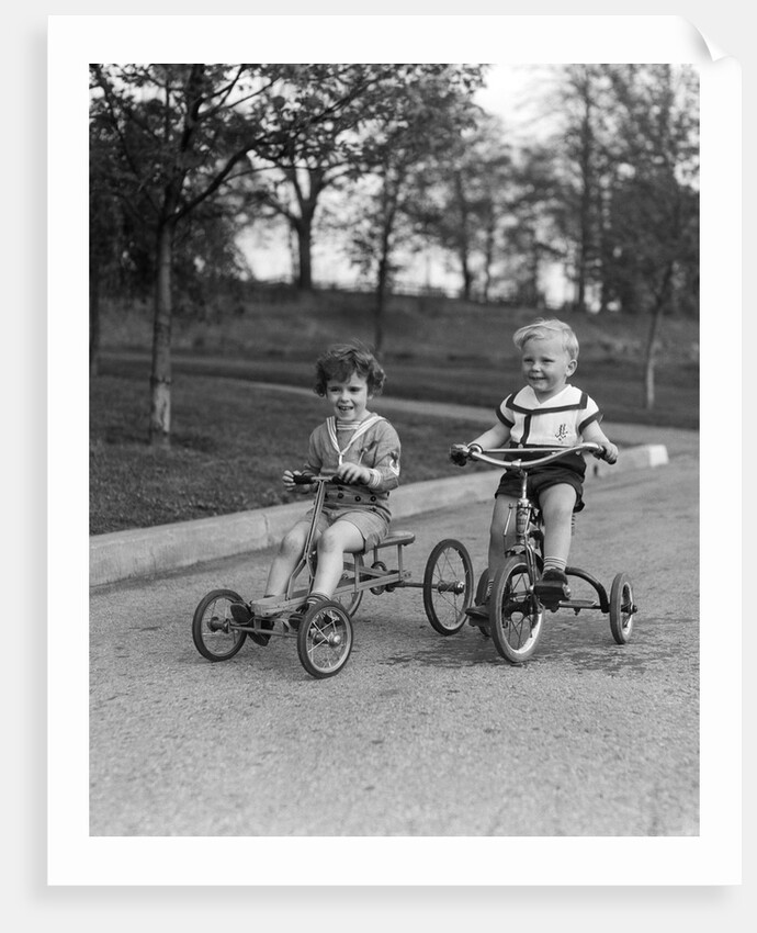 1930s Two Boys Riding Tricycles by Anonymous