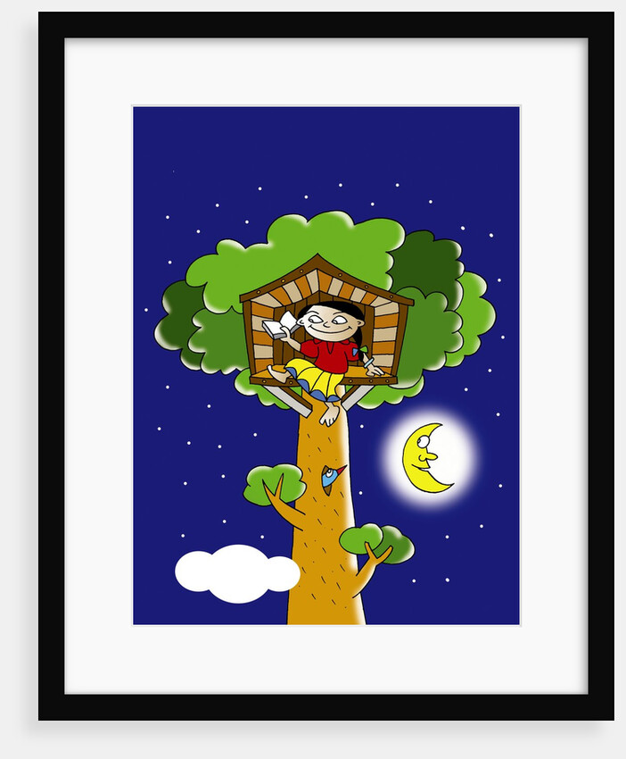 girl reading in a tree house at night by Anonymous