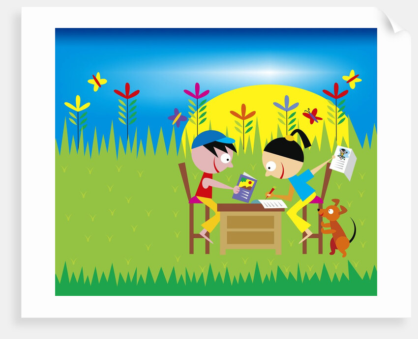 boy and girl writing cards on a desk in a field by Anonymous