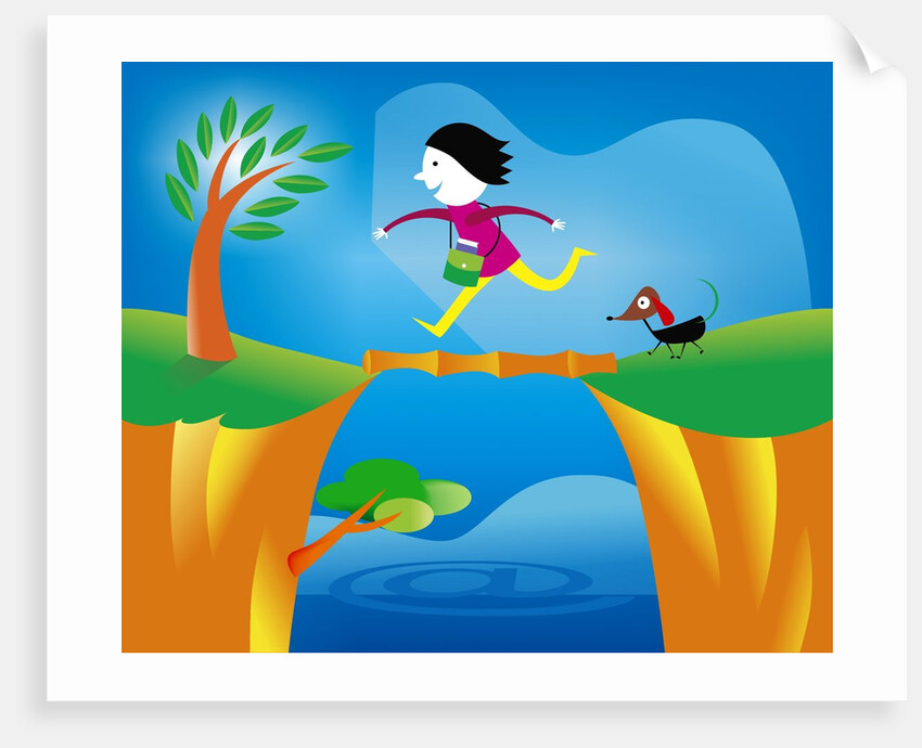 girl crossing a bridge with dog by Anonymous