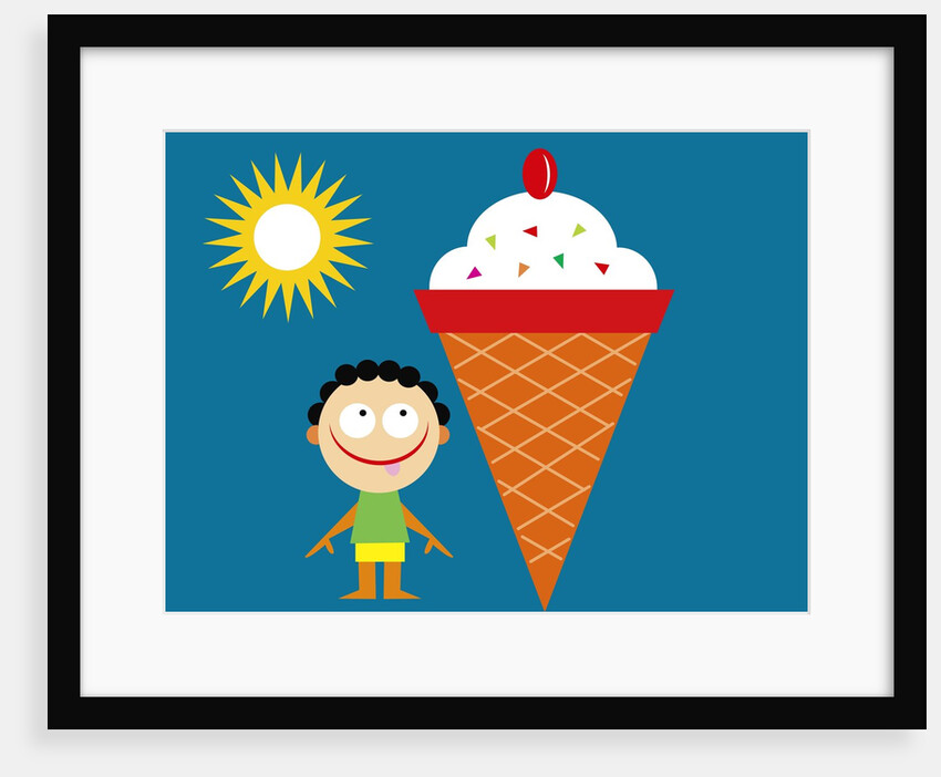boy with tongue out by giant ice cream cone by Anonymous