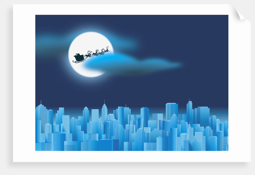 Santa Clause Flying Over City by Anonymous