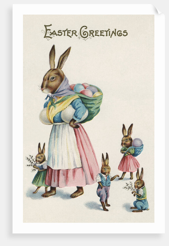Easter Greetings Postcard with Rabbit Family by Anonymous