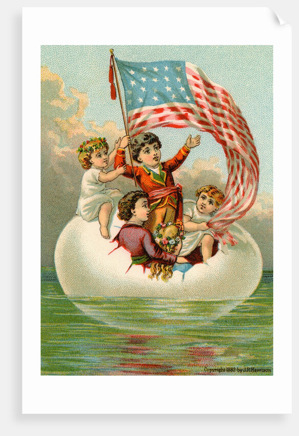 Postcard with Children in Egg Holding American Flag by Anonymous
