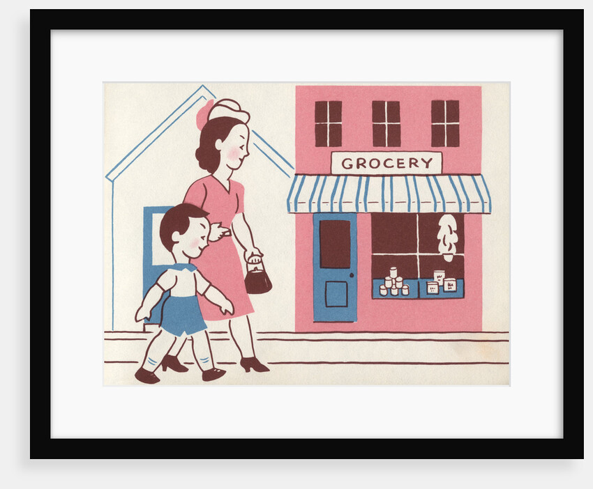 Illustration of Mother and Son Walking by Grocery Store by Lois Lenski
