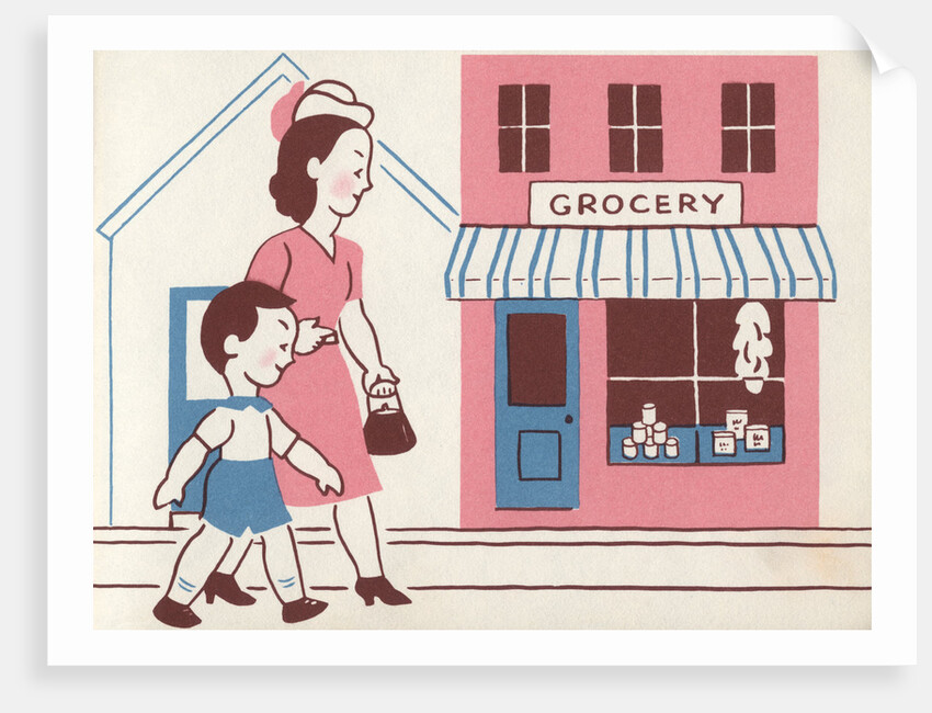 Illustration of Mother and Son Walking by Grocery Store by Lois Lenski