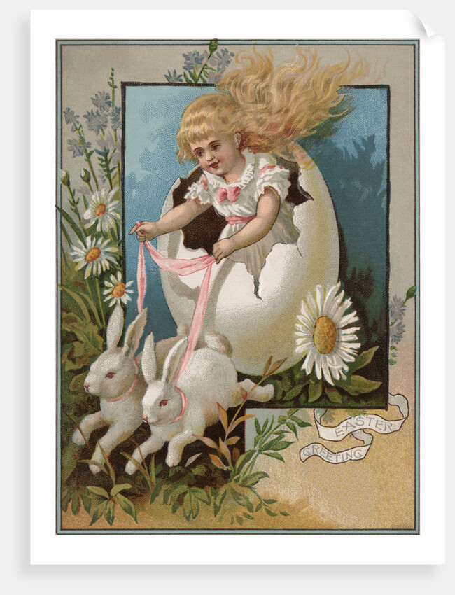 Easter Greeting Postcard with Rabbits Pulling Girl in Egg by Anonymous