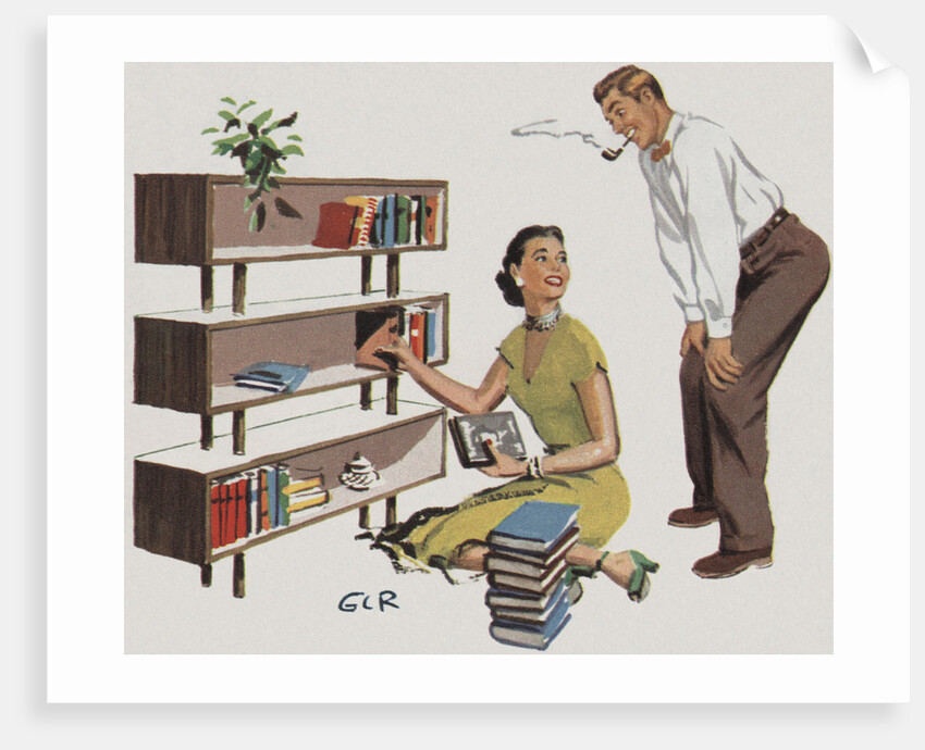 Magazine Illustration of Couple Putting Books on Shelves by Anonymous