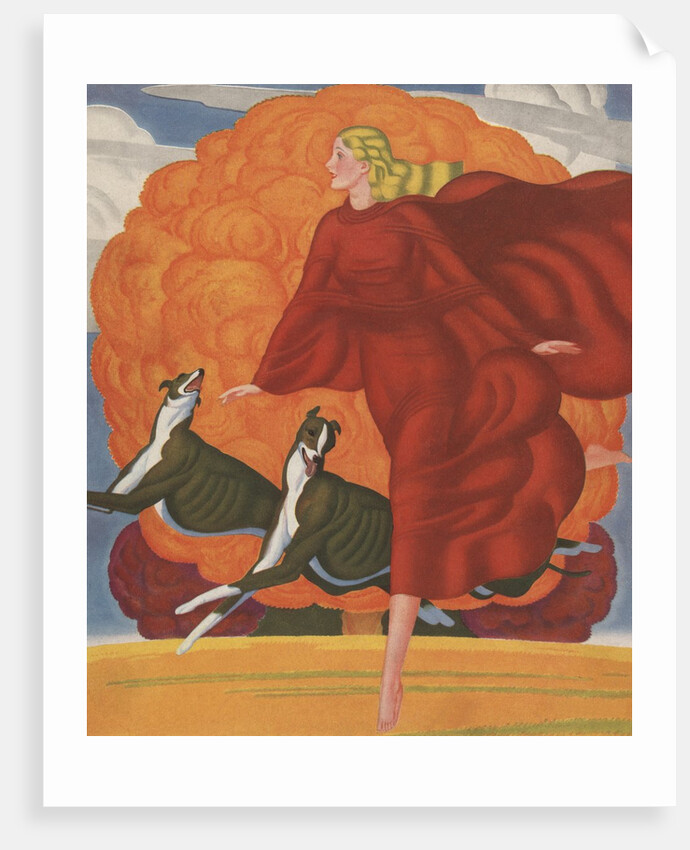 Magazine Illustration of Woman Running with Two Dogs by Anonymous